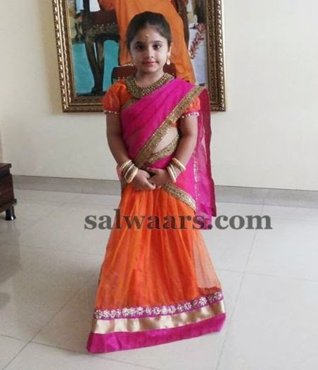 Kid in Orange and Pink half Saree - Indian Dresses
