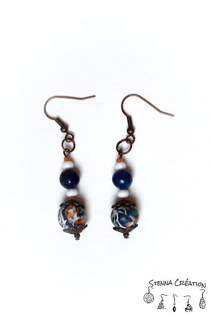 Boucles d'oreilles pâte polymère Canne Spirale bleu orange Fimo Stenna Création