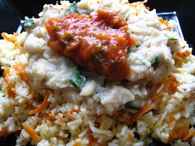 Cannellini Bean Sauce and Herbed Tomato Sauce Over Carrot Rice