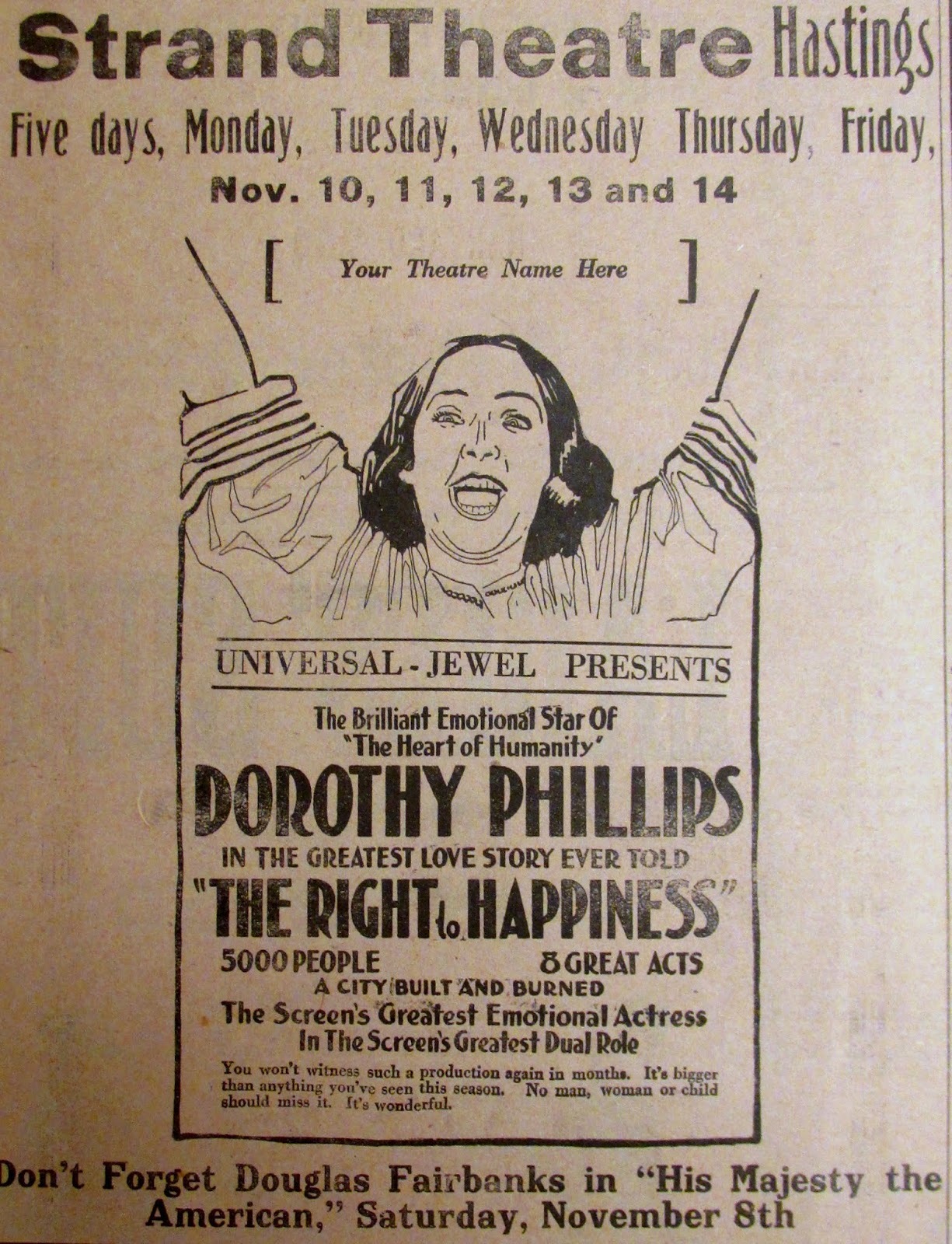 Sutton Nebraska Museum 1919 Silent Movie ad for Strand Theater Hastings