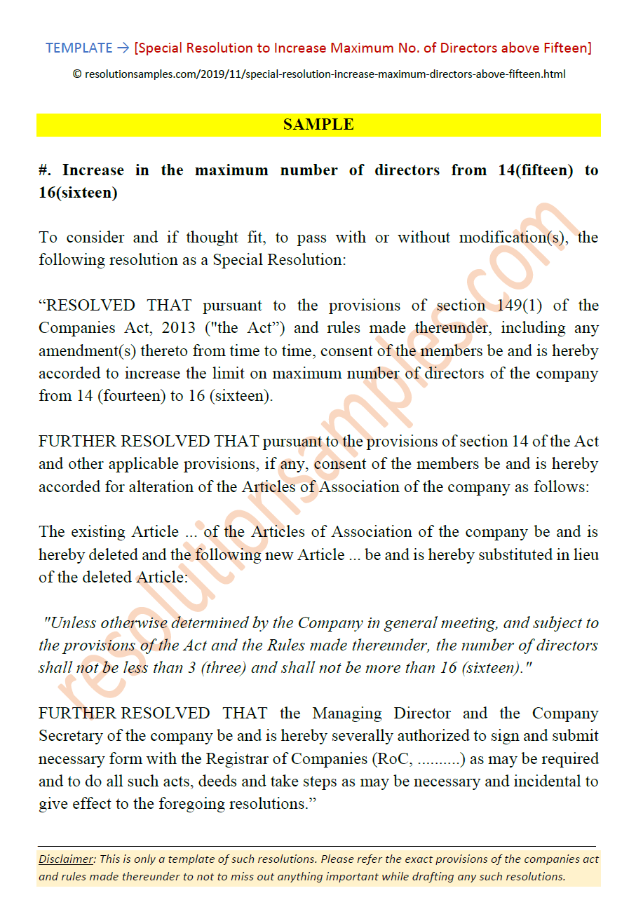 Special Resolution Increase Maximum Directors Above Fifteen