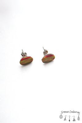 Boucles oreilles pâte polymère extrudeuse rouge ocre or vert Stenna Création