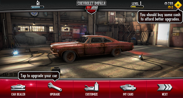 Screenshot of the workshop menu. From left to right, menu options are for the Car Dealer, Upgrades, Customize, My Cars, and Next.