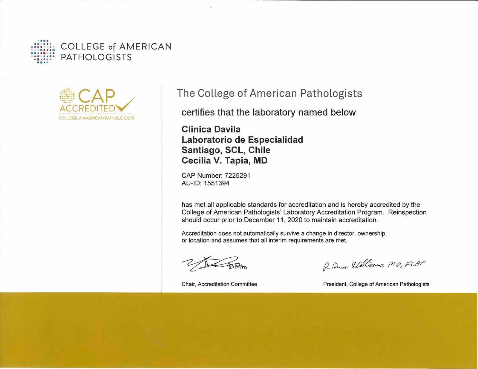 Clinical Laboratories First CAP clinical laboratory accreditation in Chile