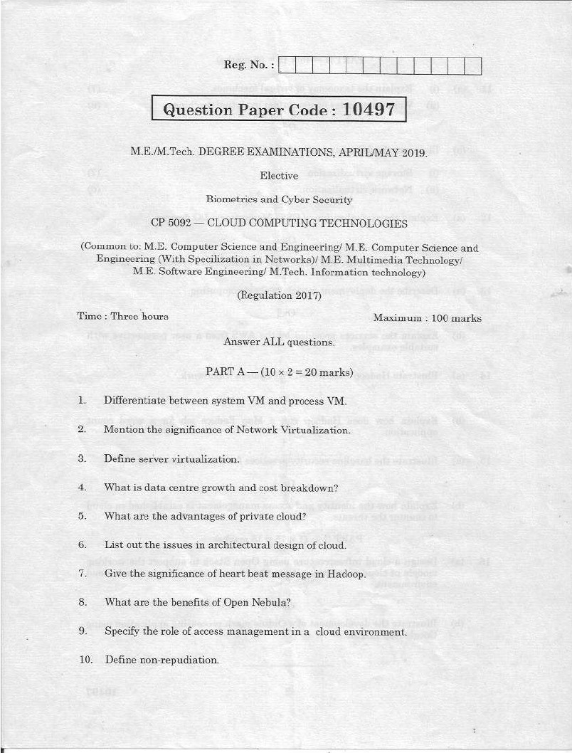 Anna University CP 5092CLOUD COMPUTING TECHNOLOGIES APRIL MAY 2019
