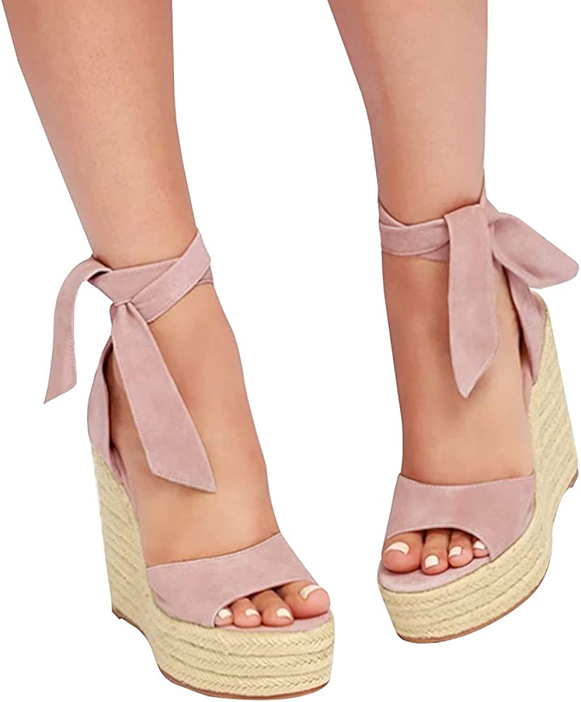 Womens Open Toe Tie Lace Up Espadrille Platform Wedges Sandals Ankle ...