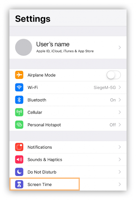 iPhone settings menu iPhone screenshot of the settings menu with a box around the screen time option