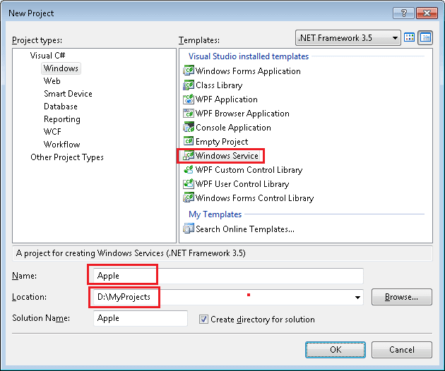 Create Windows Service, Visual Studio 2008