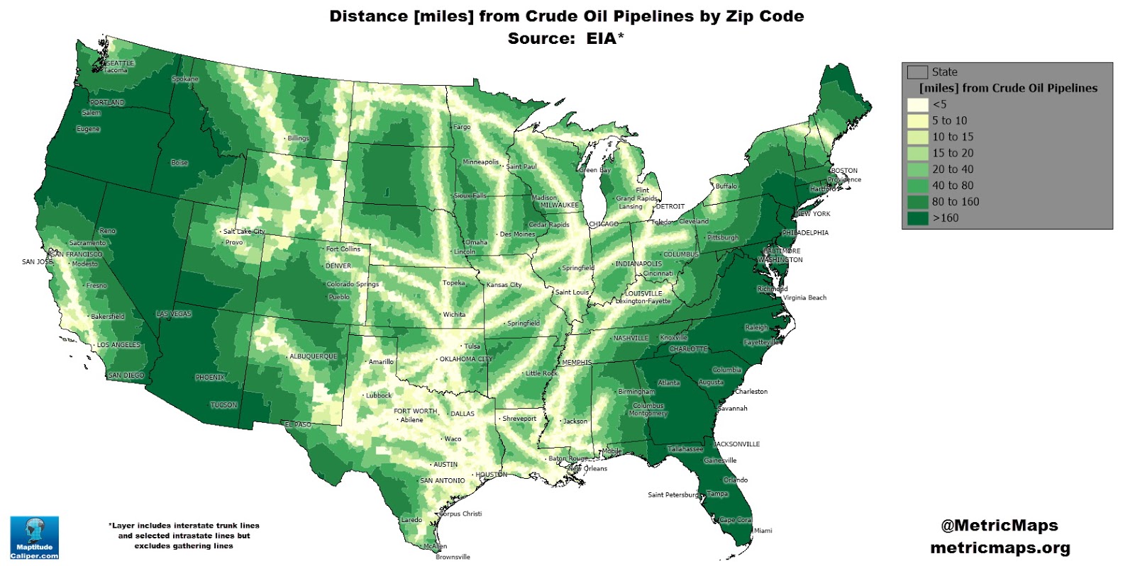 Distance from crude oil pipelines by Zip Code