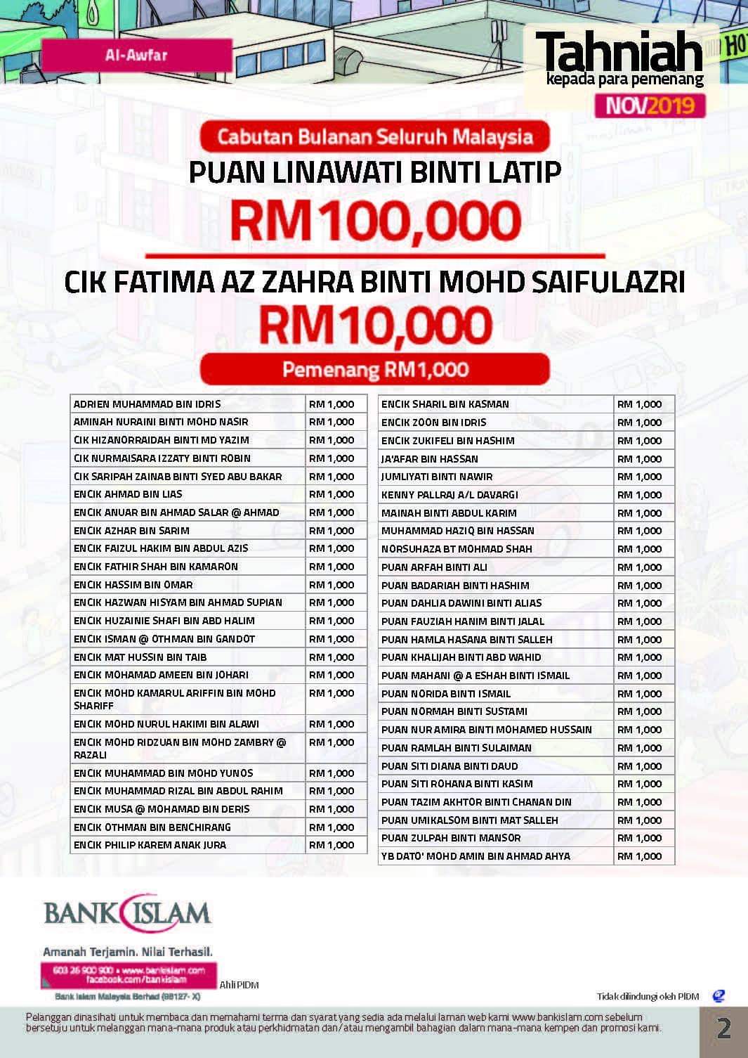 Keputusan Cabutan November 2019 Al-Awfar Bank Islam - Layanlah