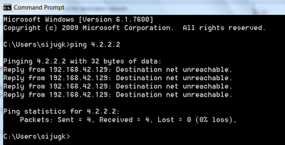 destination net unreachable error when pinging