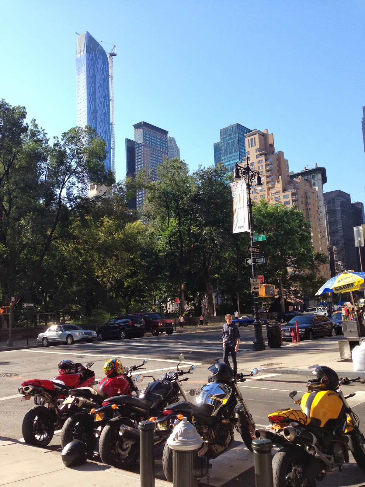 Tigho NYDucati:  DOCNYC rolls out from Central Park, six Ducati Monsters deep, with an 848EVO and a 2013 Multistrada.