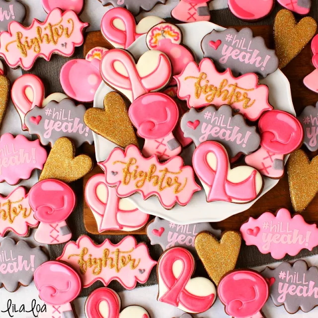 Breast Cancer Awareness decorated sugar cookies: boxing glove, ribbon, hearts