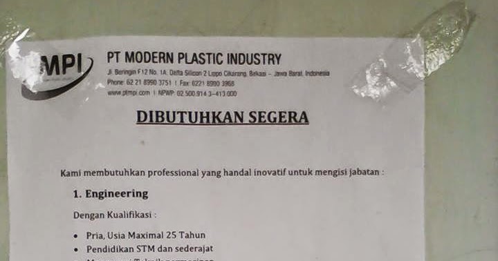 Lowongan Kerja PT. Modern Plastics Industry (PT. MPI)