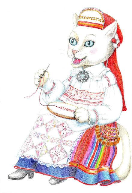 cat kass illustration art drawing embroidery tikkima estonian estonia folk costume hiiumaa #pühalepea
