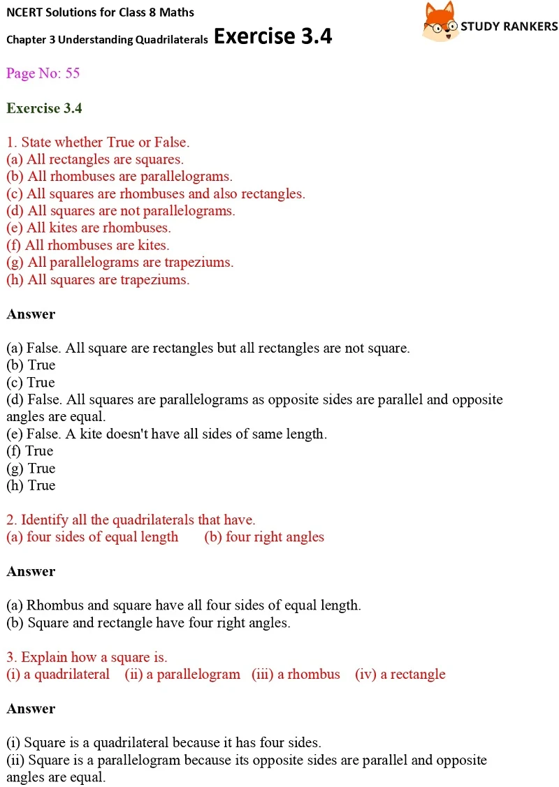 NCERT Solutions for Class 8 Maths Ch 3 Understanding Quadrilaterals Exercise 3.4 1