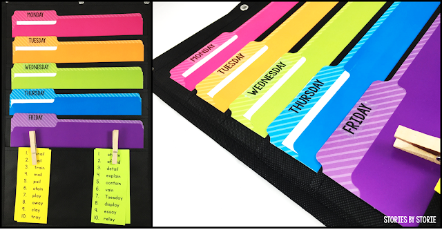 Using pocket charts to organize weekly spelling practice is a great option. They don't take up a lot of space and can be easily changed out each week.