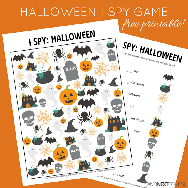 Free Halloween themed I Spy game for kids from And Next Comes L