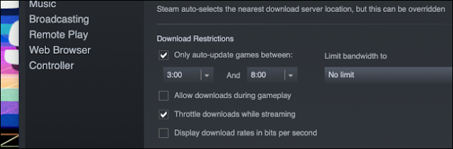 "تنزيل القيود" في إعدادات Steam ، وجدولة التنزيلات بين ساعات محددة.