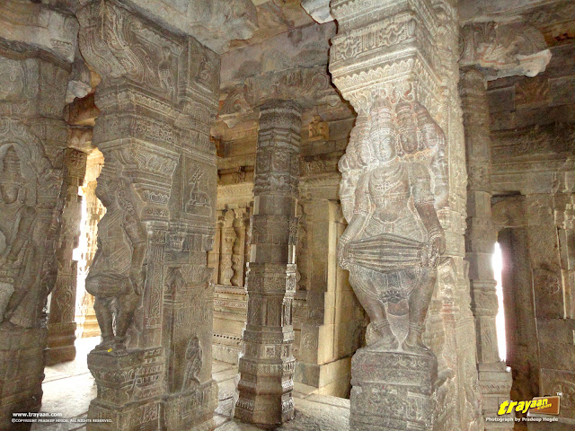 100 pillared Ranga Mandapa or Dance Hall, with Intricately sculpted pillars inside the Veerabhadra Swamy Temple at Lepakshi, in Andhra Pradesh, India