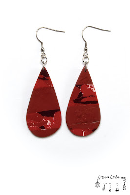 Boucles oreilles pâte polymère marbre rouge Sculpey Pardo Stenna Création