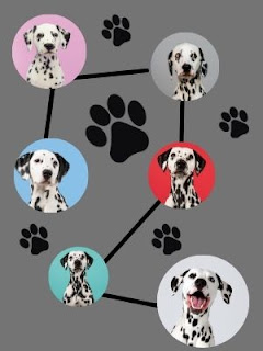 round dots with dalmatian dogs connected by lines with paw prints surrounding them