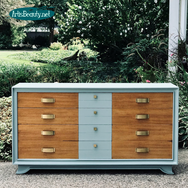 MCM long dresser given a modern update using Persian blue General finishes Milk paint