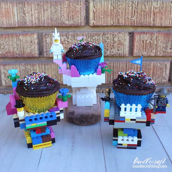 Make darling cupcake stands for a birthday party with bright colors, fun pieces and minifigures