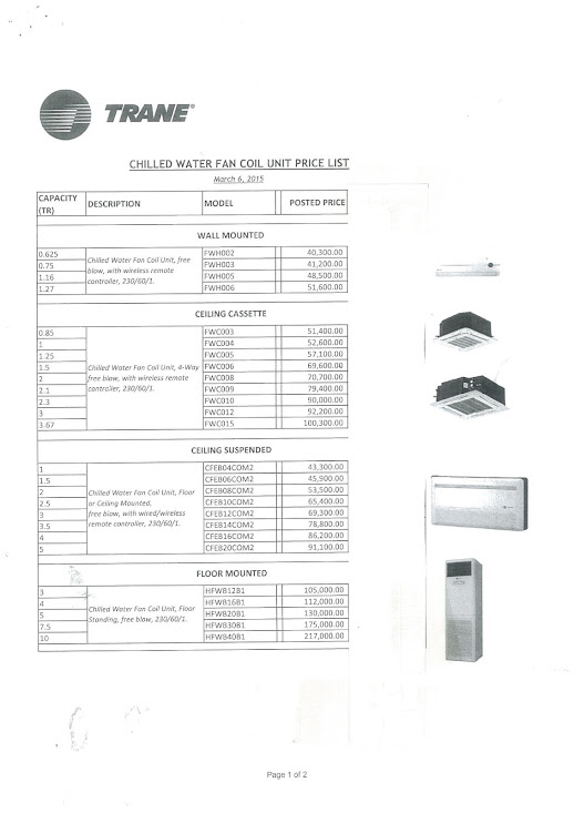 TRANE CHILLED WATER FAN COIL UNITS PRICE LIST