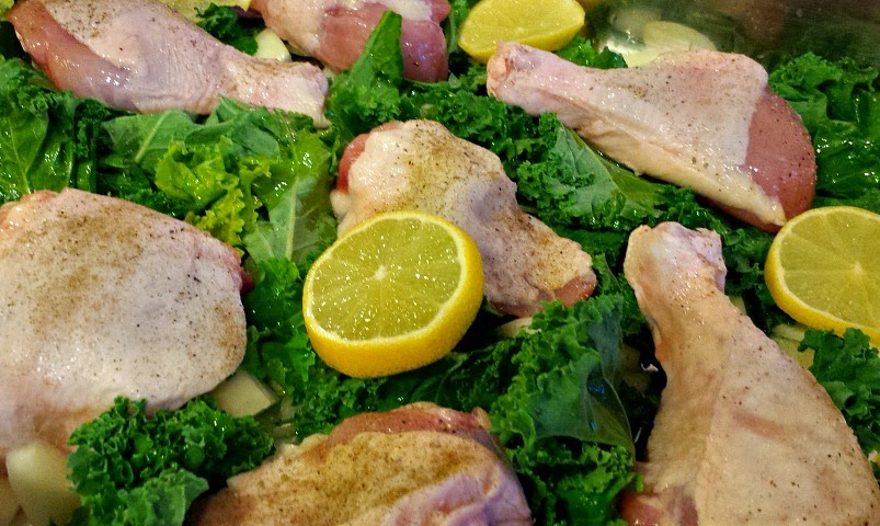 Roasted kale is easy to cook along with roasting chicken legs and thighs