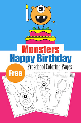 monsters celebrating happy birthday free printable preschool coloring pages for kids ,monsters celebrating with balloons,cakes and candles