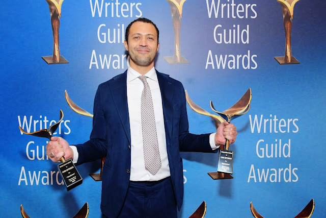 Cord Jefferson, with his Writers Guild awards for television shows