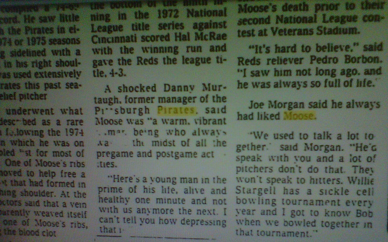 Murtaugh, Borbon, and HOFer Joe Morgan re: Bob Moose