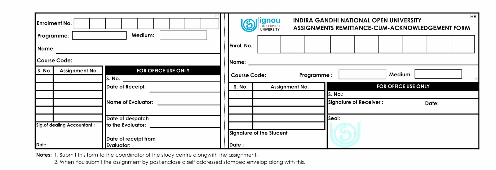 ignou assignment submission receipt format