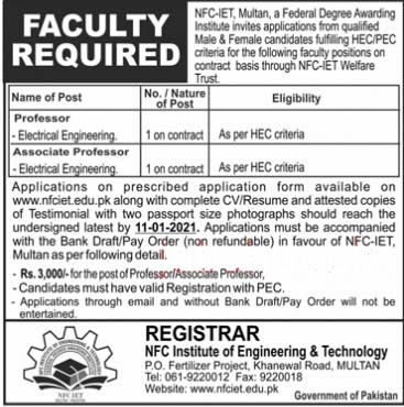 Nfc Institute Of Engineering And Technology Teaching Jobs 2021 In Jang Newspaper