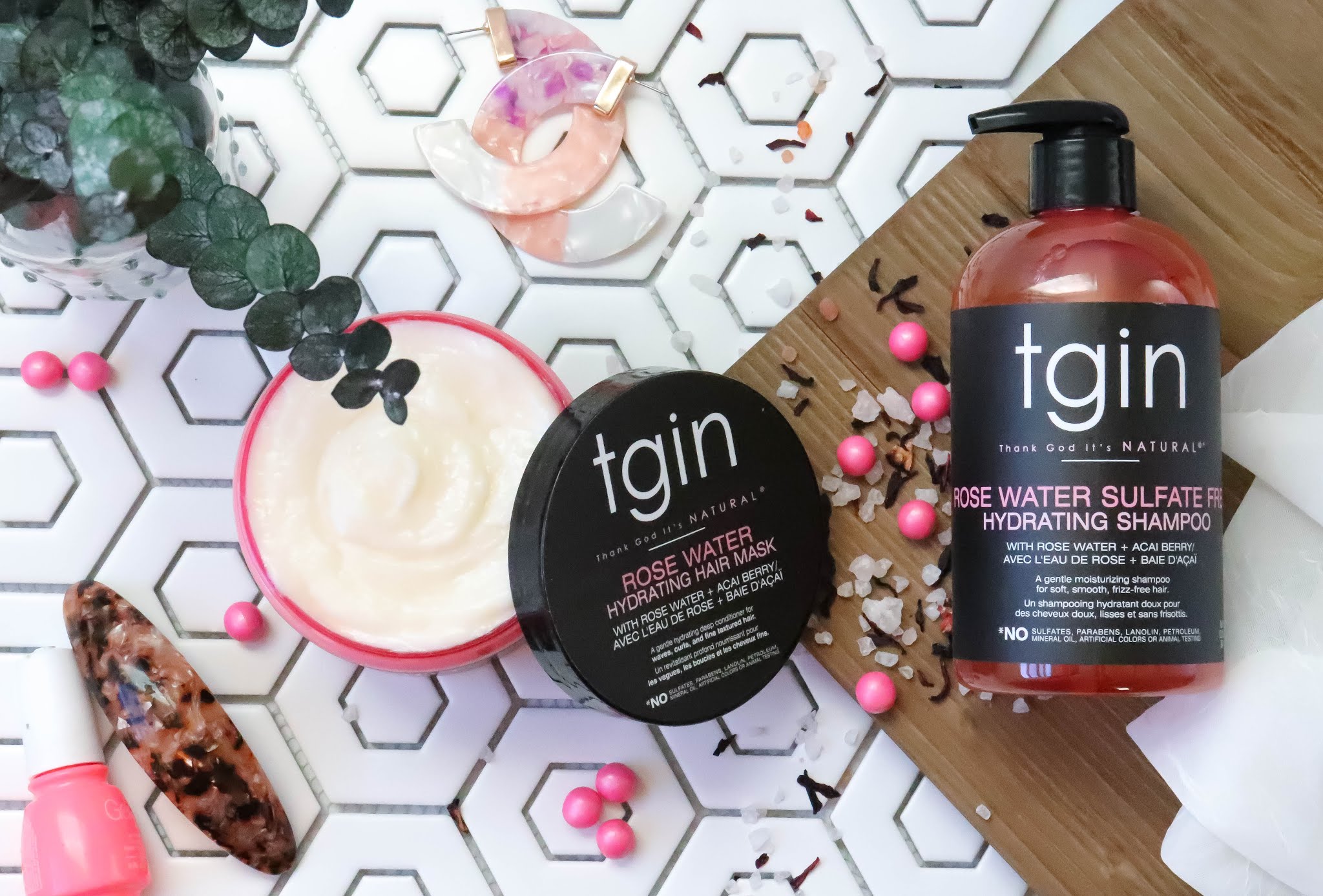 tgin curls n roses flatlay with hydrating hair mask and sulfate free shampoo