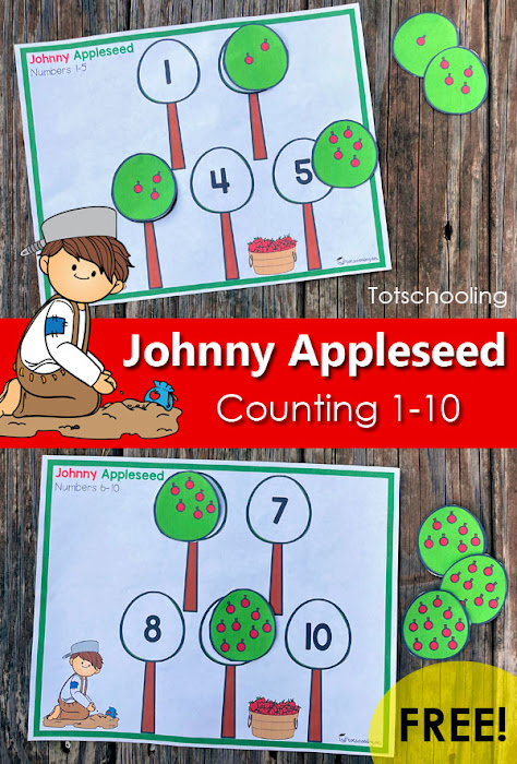 FREE Printable apple-themed counting activity for toddlers and preschoolers, for Johnny Appleseed Day. FREE Printable apple-themed counting activity for toddlers and preschoolers, for Johnny Appleseed Day.