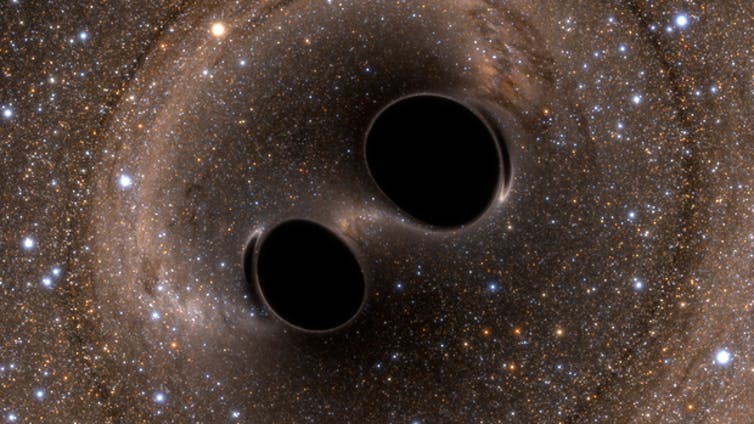 Impressão artística de dois buracos negros binários orbitando um ao redor do outro