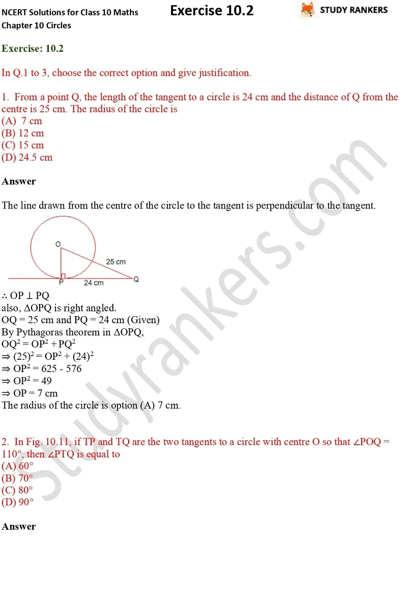 NCERT Solutions for Class 10 Maths Chapter 10 Circles Exercise 10.2 Part 1