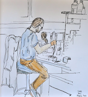 Ink and watercolour scientist at bench