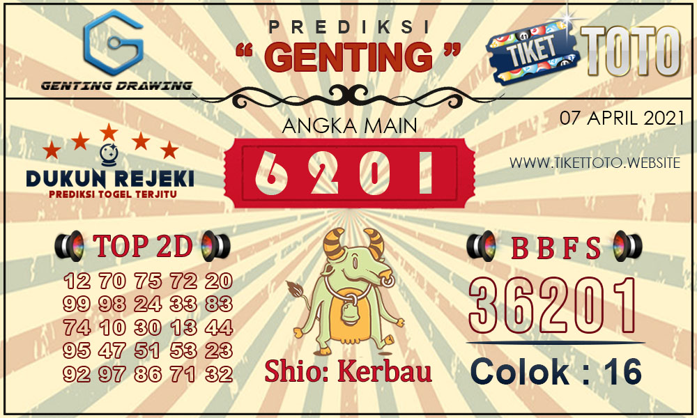Prediksi Togel GENTING DRAWING TIKETTOTO 07 APRIL 2021