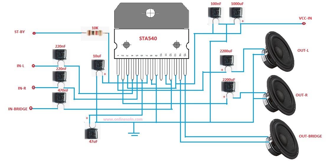 Stereo plus bridge drive amplifier circuit