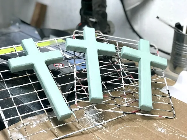 DIY Easter Crosses painted and drying with a fan