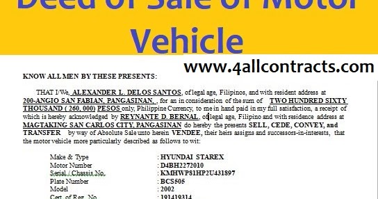 Deed of Sale of Motor Vehicle Template doc Car
