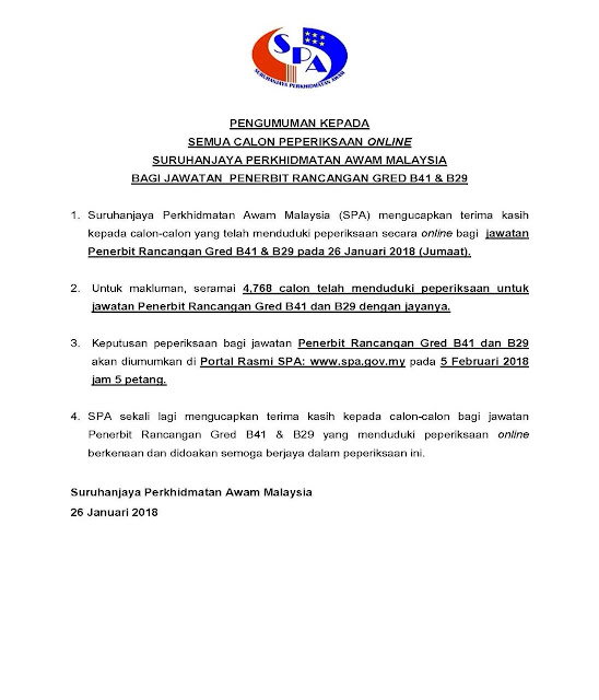 Semakan Keputusan Peperiksaan Penerbit Rancangan B29/ B41 2018 SPA9