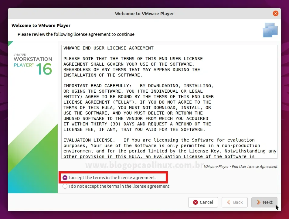 Contrato de Licença do VMware Workstation Player