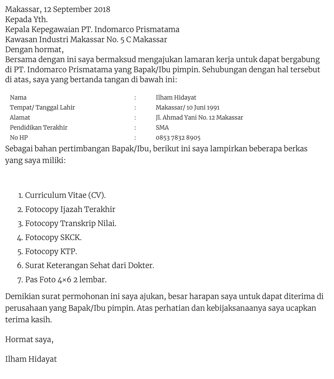 Contoh Surat Lamaran Kerja Lowongan Kerja Kalimantan Tengah