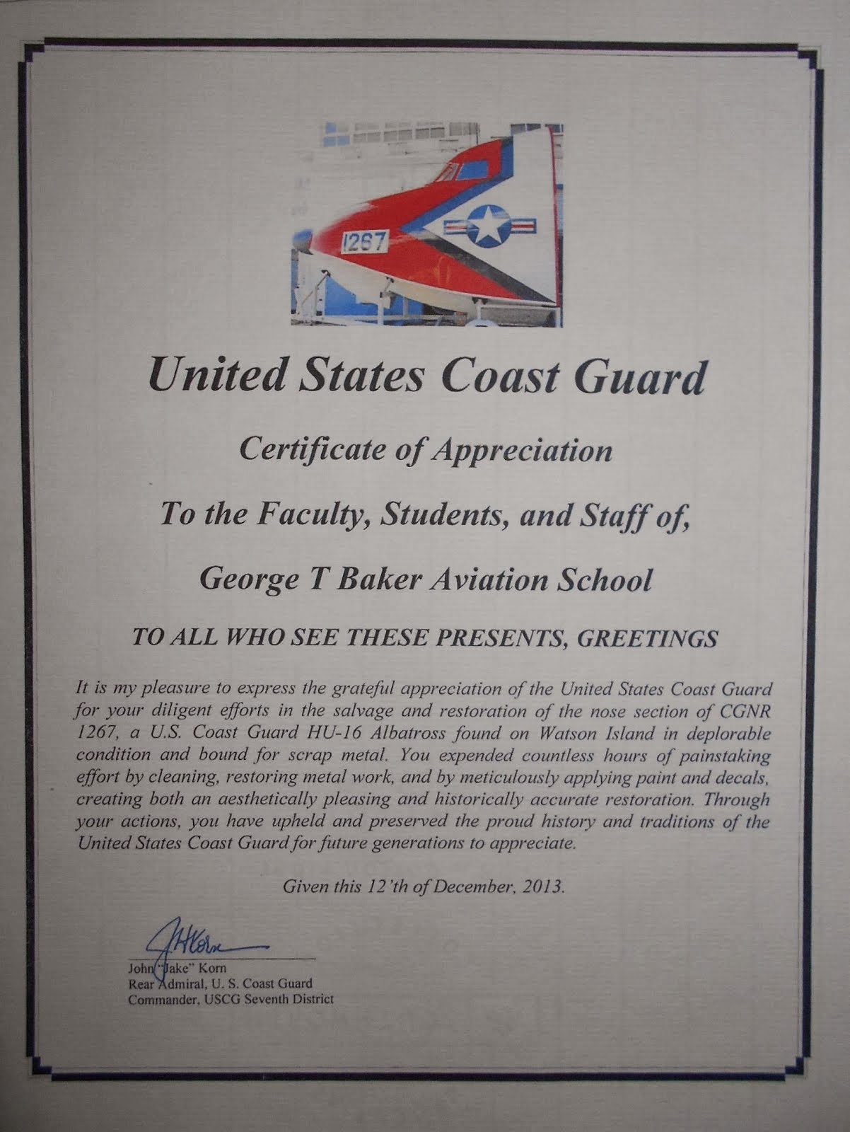 U.S.C.G Commander 7th District-Miami Letter of Appreciation