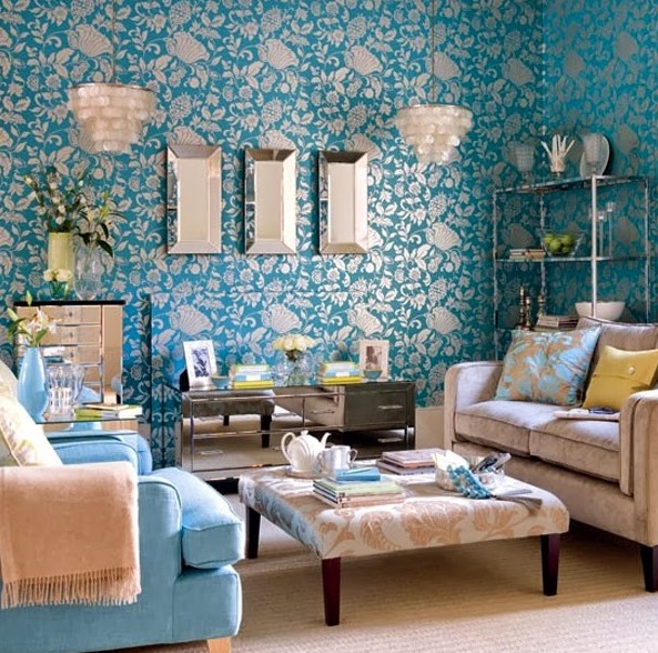 Design Living Room With Blue Wallpaper