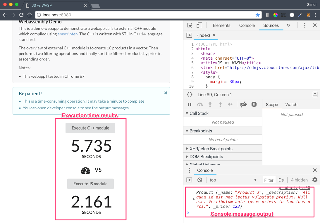 WebAssembly experiment: C++ vs JS